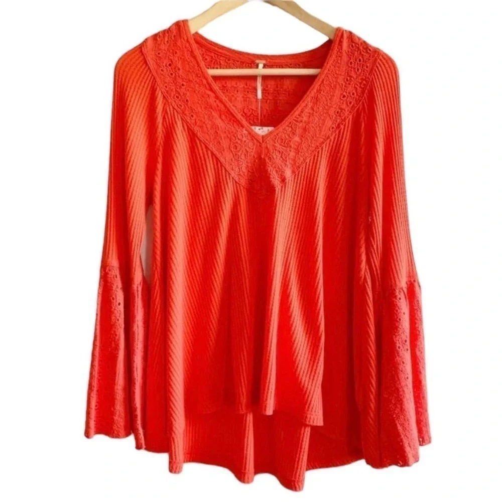 Free People NWT Boho Bell Sleeve Waffle Textured Blouse Orange Parisian Size XS